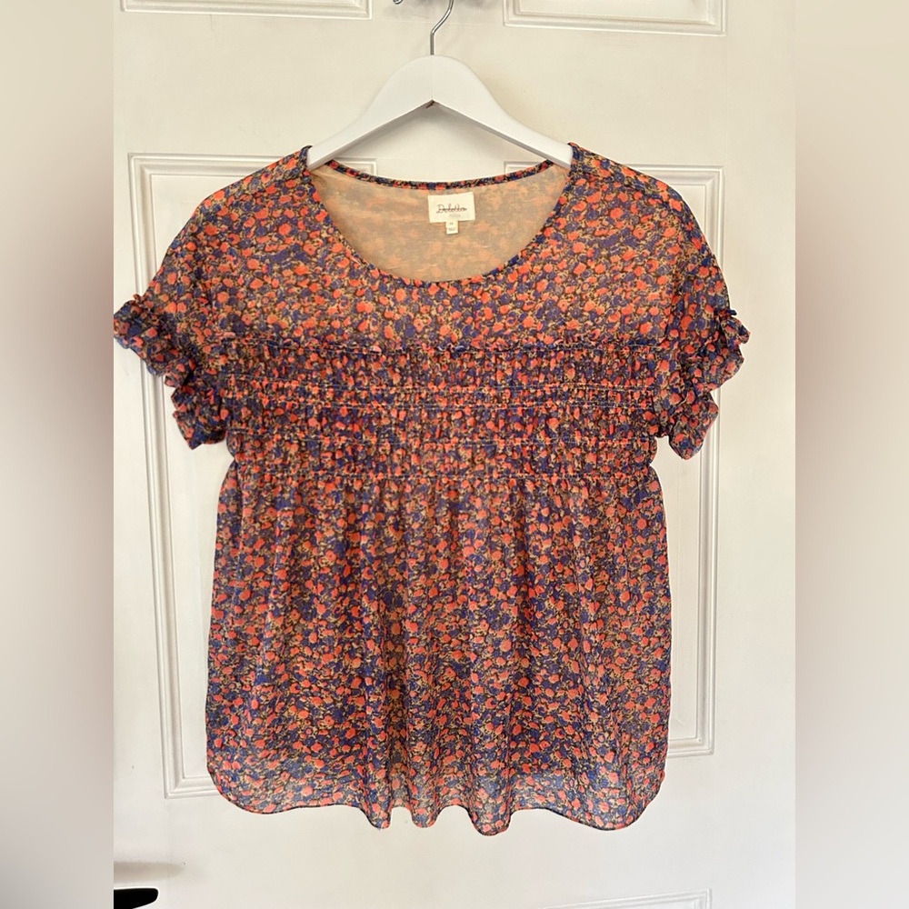 Deletta Floral Smocked Blouse - Orange & Blue